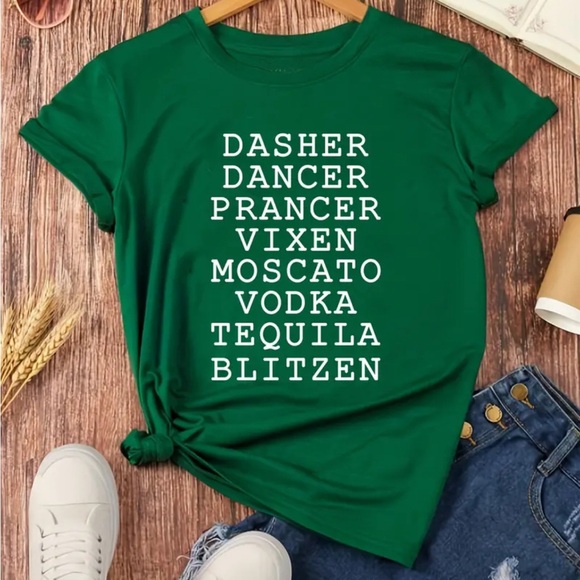Funny Christmas reindeer names tshirt forest green color - Picture 1 of 3
